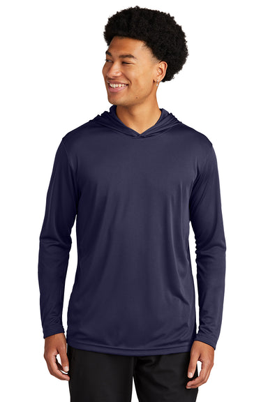 Sport-Tek ST358 Mens Competitor Moisture Wicking Long Sleeve Hooded T-Shirt Hoodie True Navy Blue Model Front