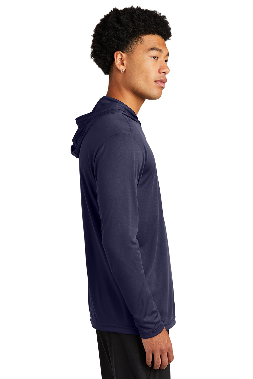 Sport-Tek ST358 Mens Competitor Moisture Wicking Long Sleeve Hooded T-Shirt Hoodie True Navy Blue Model Side