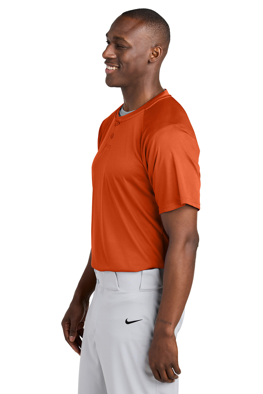 Sport-Tek ST359 Mens PosiCharge Competitor 2 Button Short Sleeve Henley Deep Orange Model Side