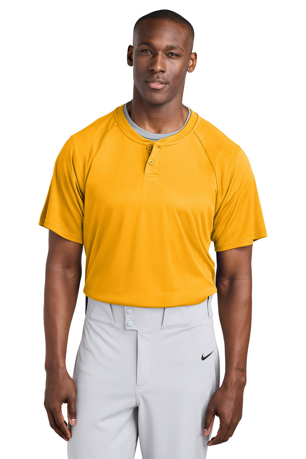 Sport-Tek ST359 Mens PosiCharge Competitor 2 Button Short Sleeve Henley Gold Model Front