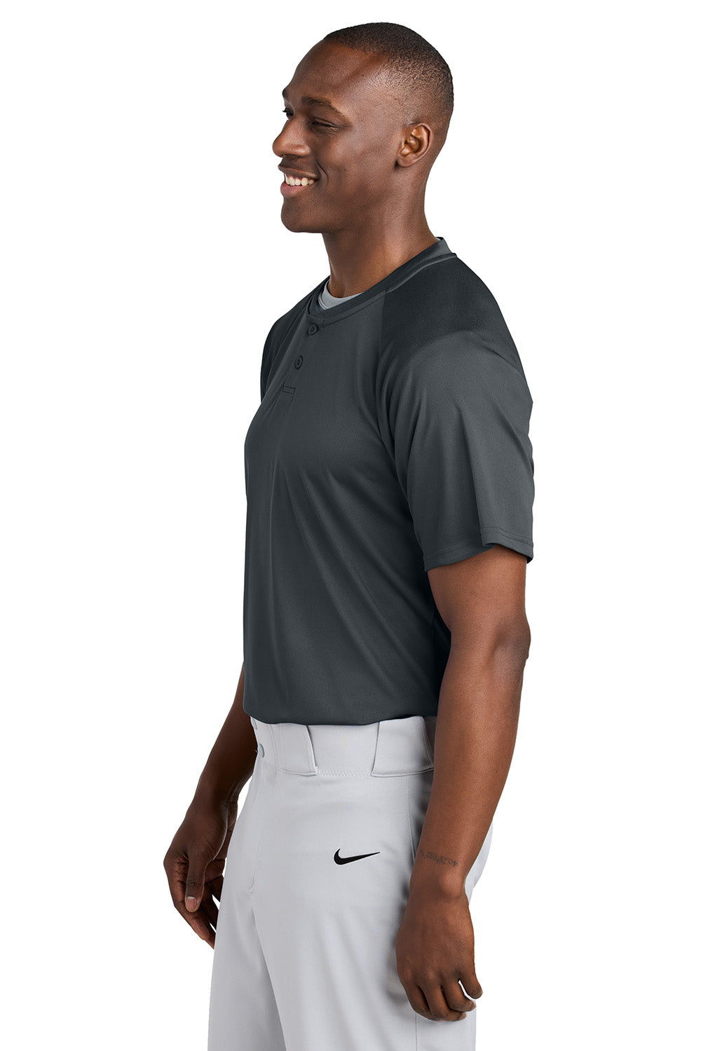 Sport-Tek ST359 Mens PosiCharge Competitor 2 Button Short Sleeve Henley Iron Grey Model Side