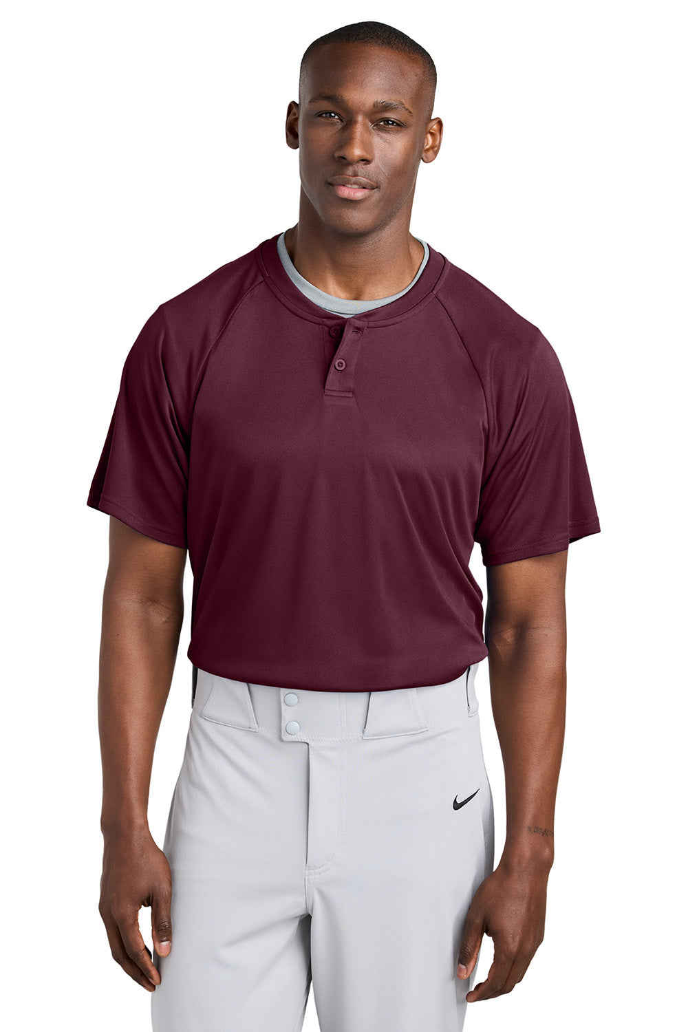 Sport-Tek ST359 Mens PosiCharge Competitor 2 Button Short Sleeve Henley Maroon Model Front