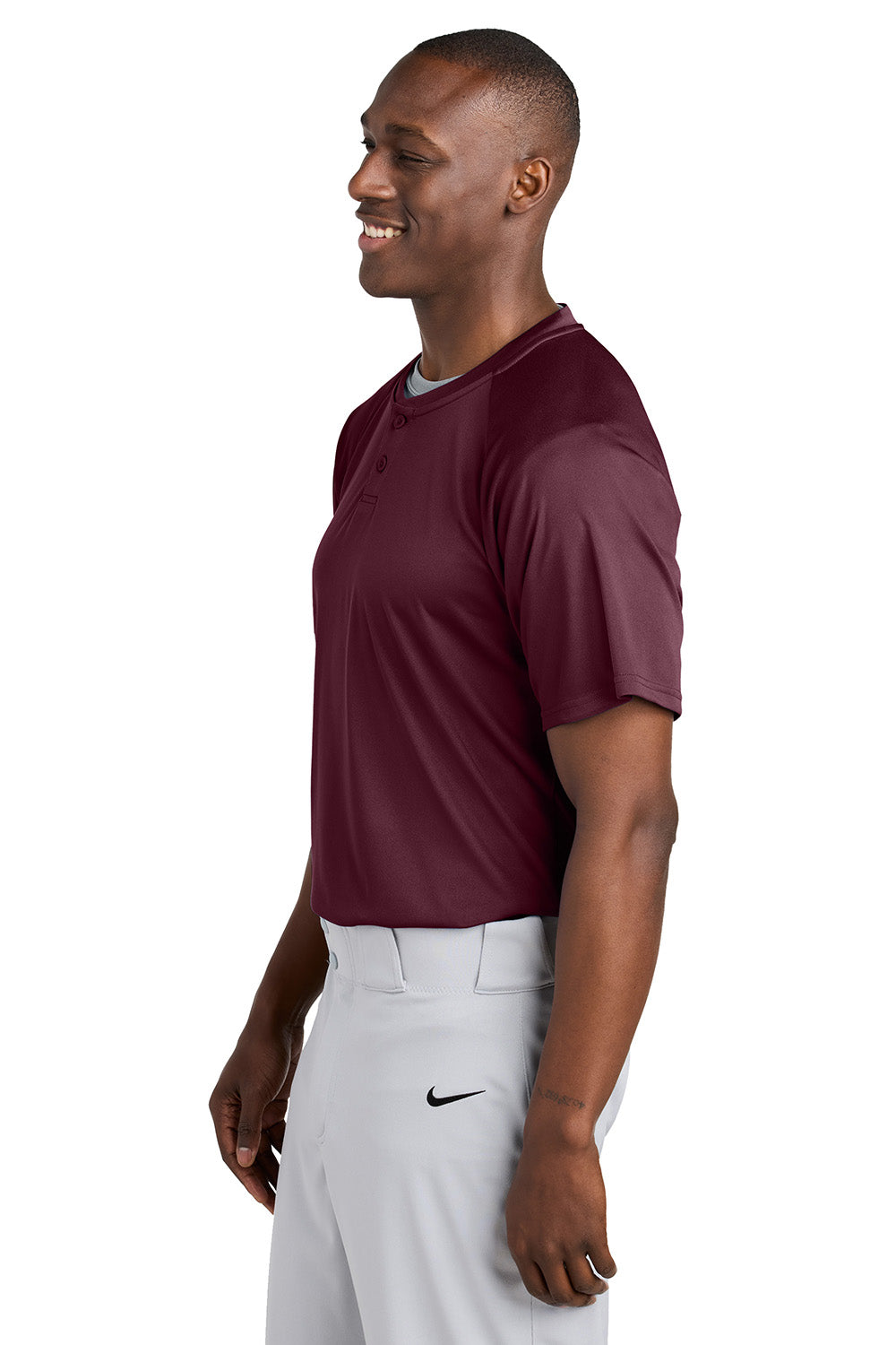 Sport-Tek ST359 Mens PosiCharge Competitor 2 Button Short Sleeve Henley Maroon Model Side