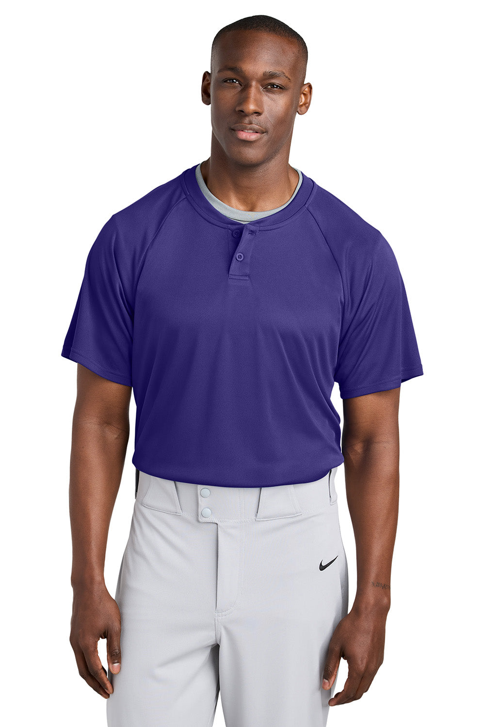 Sport-Tek ST359 Mens PosiCharge Competitor 2 Button Short Sleeve Henley Purple Model Front