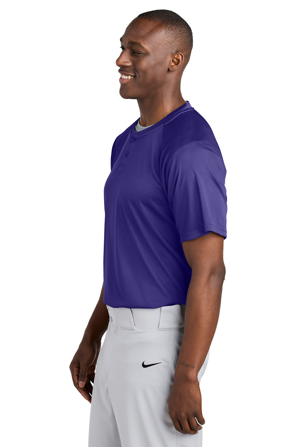 Sport-Tek ST359 Mens PosiCharge Competitor 2 Button Short Sleeve Henley Purple Model Side