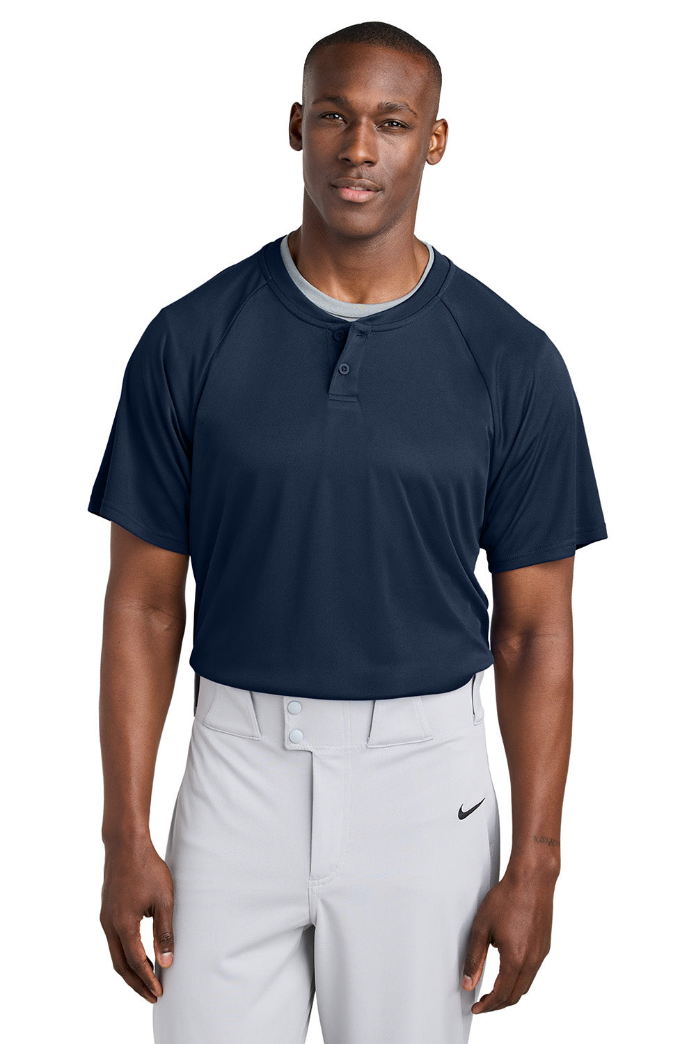 Sport-Tek ST359 Mens PosiCharge Competitor 2 Button Short Sleeve Henley True Navy Blue Model Front