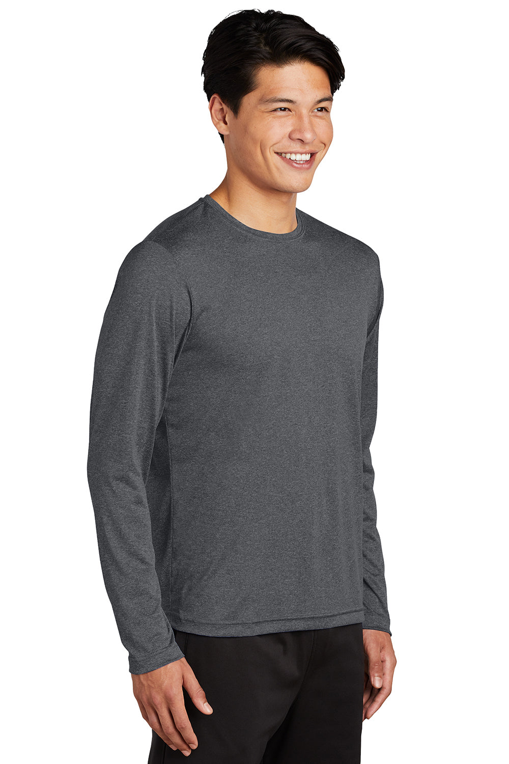 Sport-Tek ST360LS Mens Contender Heather Moisture Wicking Long Sleeve Crewneck T-Shirt Heather Graphite Grey Model 3q