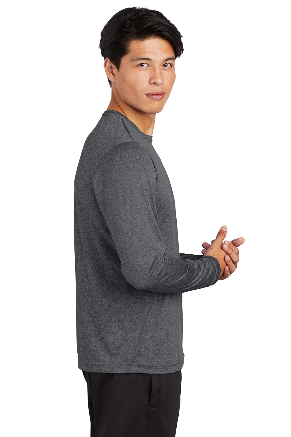 Sport-Tek ST360LS Mens Contender Heather Moisture Wicking Long Sleeve Crewneck T-Shirt Heather Graphite Grey Model Side