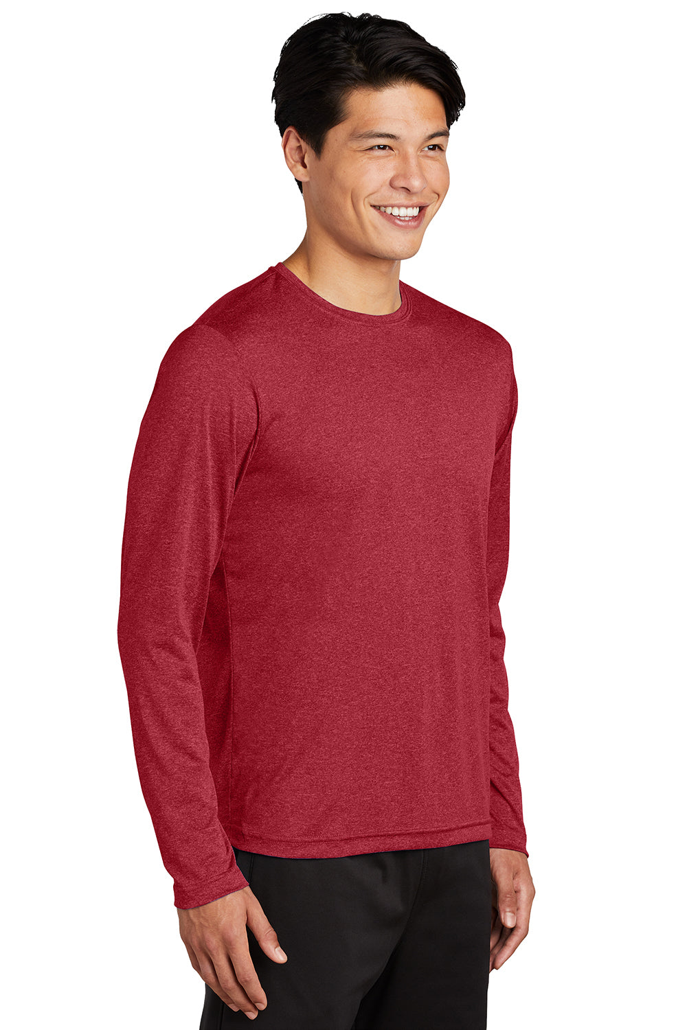 Sport-Tek ST360LS Mens Contender Heather Moisture Wicking Long Sleeve Crewneck T-Shirt Heather Scarlet Red Model 3q