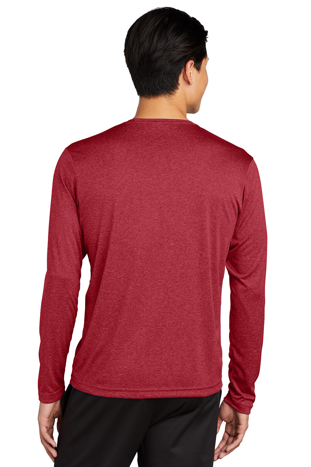 Sport-Tek ST360LS Mens Contender Heather Moisture Wicking Long Sleeve Crewneck T-Shirt Heather Scarlet Red Model Back