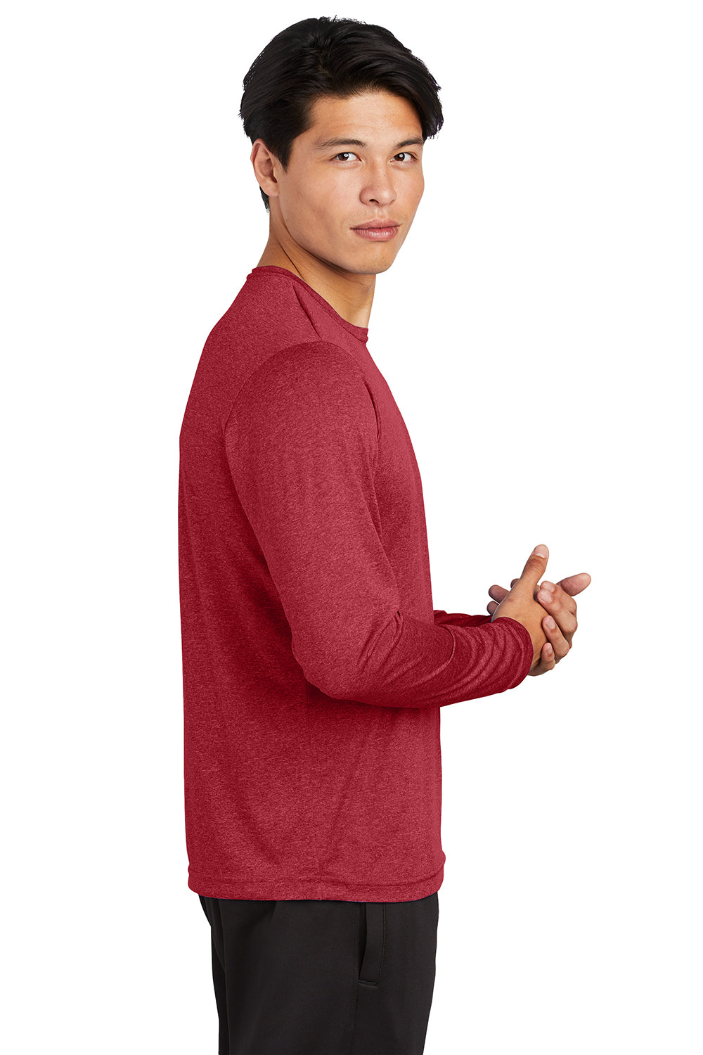 Sport-Tek ST360LS Mens Contender Heather Moisture Wicking Long Sleeve Crewneck T-Shirt Heather Scarlet Red Model Side