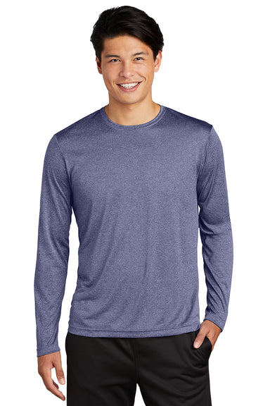 Sport-Tek ST360LS Mens Contender Heather Moisture Wicking Long Sleeve Crewneck T-Shirt Heather True Navy Blue Model Front