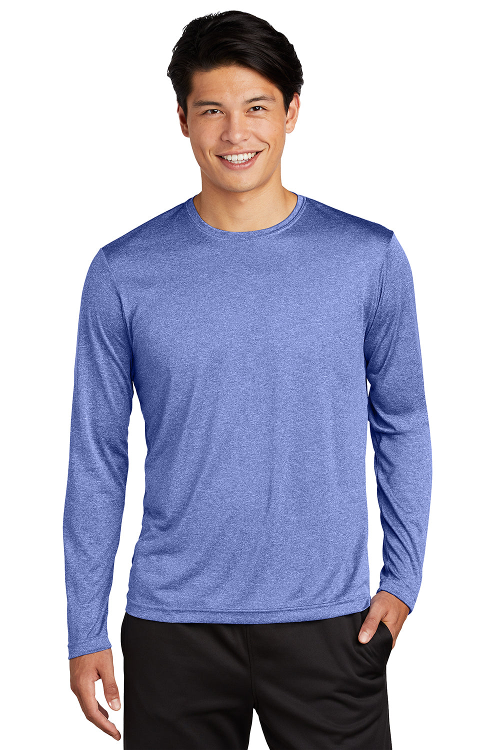 Sport-Tek ST360LS Mens Contender Heather Moisture Wicking Long Sleeve Crewneck T-Shirt Heather True Royal Blue Model Front