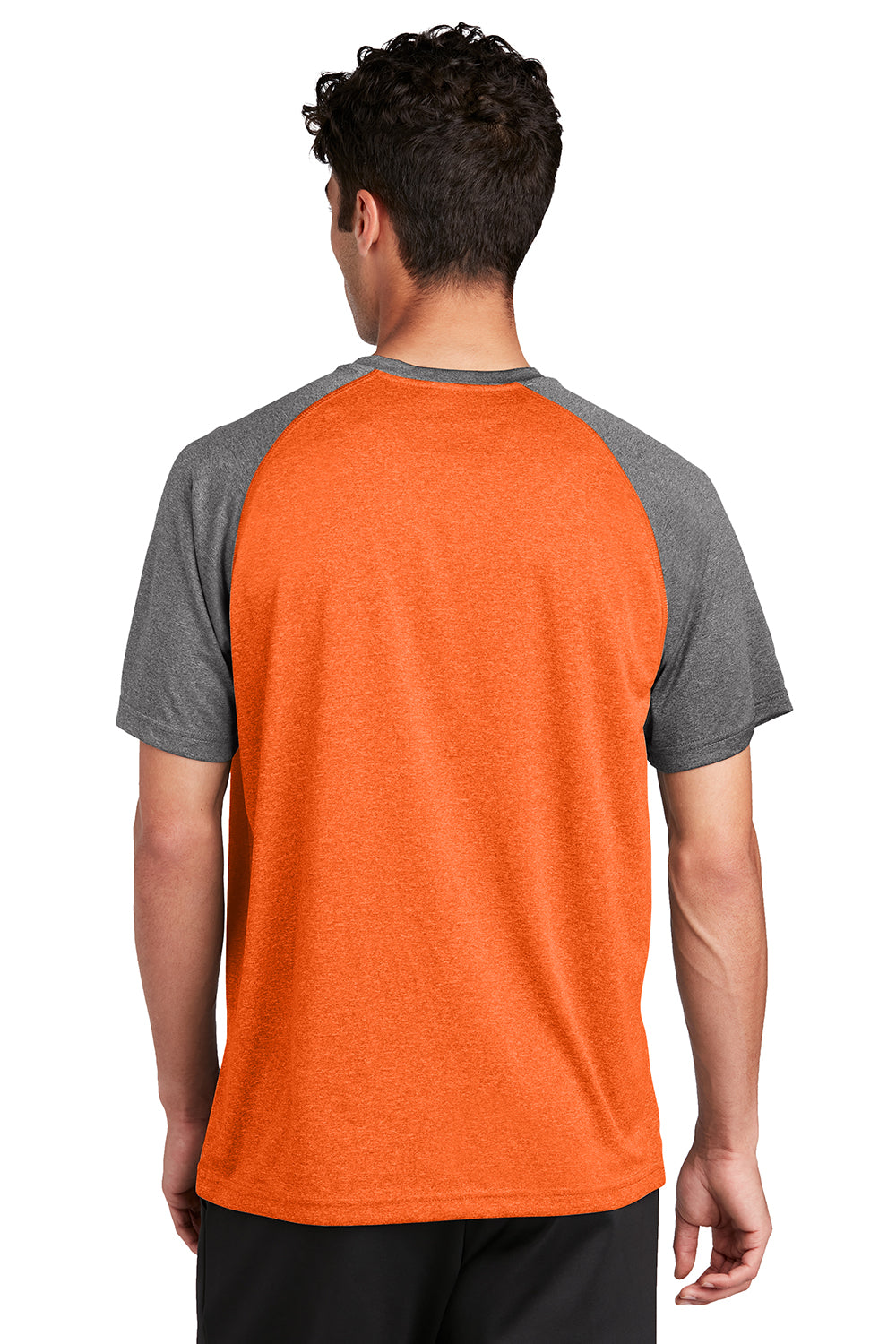 Sport-Tek ST362 Mens Contender Heather Moisture Wicking Short Sleeve Crewneck T-Shirt Heather Deep Orange/Heather Graphite Grey Model Back