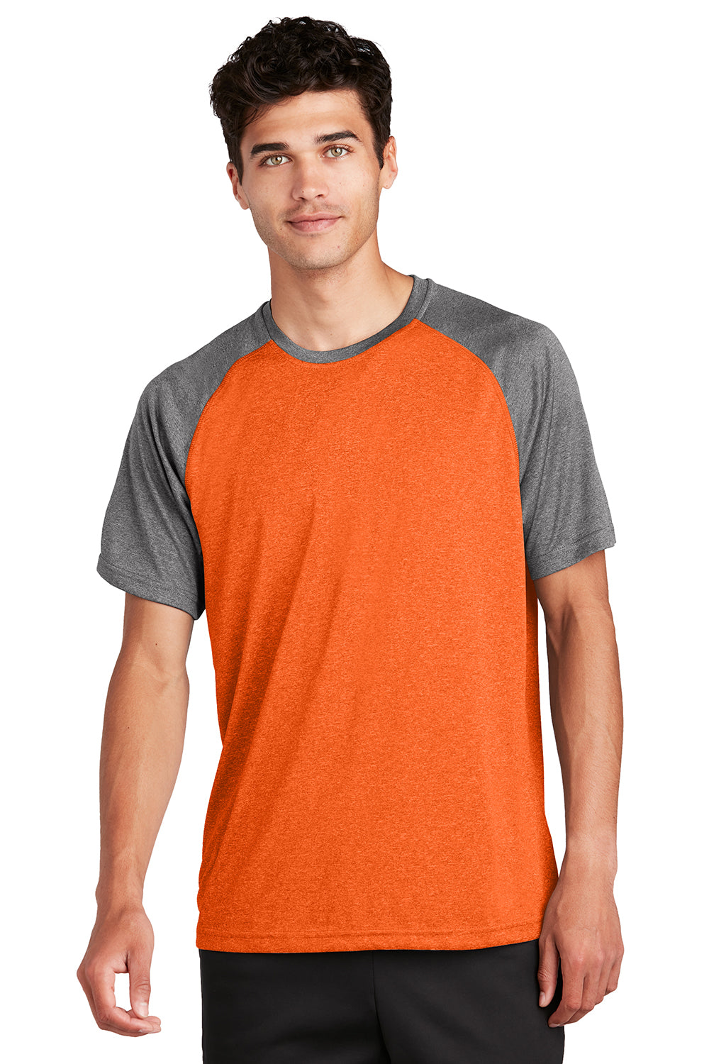 Sport-Tek ST362 Mens Contender Heather Moisture Wicking Short Sleeve Crewneck T-Shirt Heather Deep Orange/Heather Graphite Grey Model Front