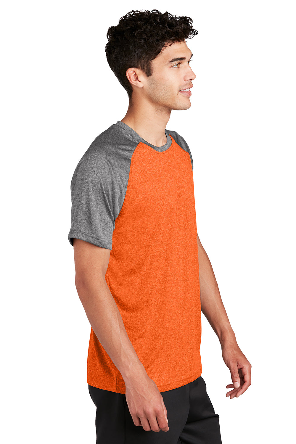 Sport-Tek ST362 Mens Contender Heather Moisture Wicking Short Sleeve Crewneck T-Shirt Heather Deep Orange/Heather Graphite Grey Model Side