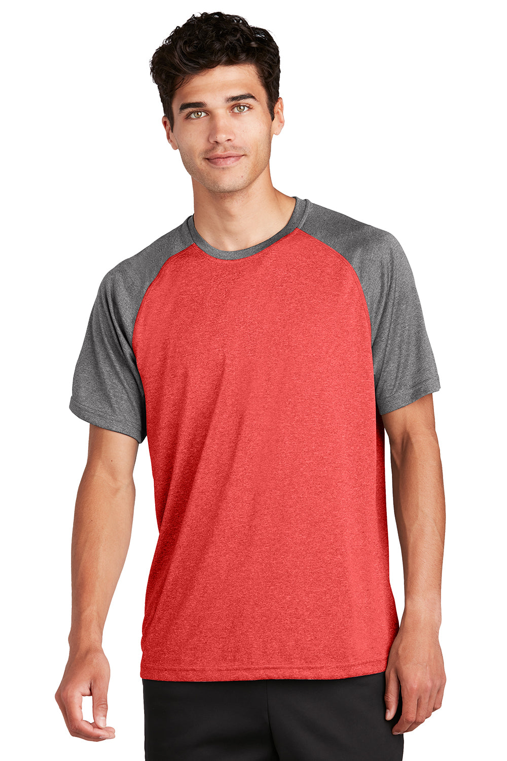 Sport-Tek ST362 Mens Contender Heather Moisture Wicking Short Sleeve Crewneck T-Shirt Heather Scarlet Red/Heather Graphite Grey Model Front