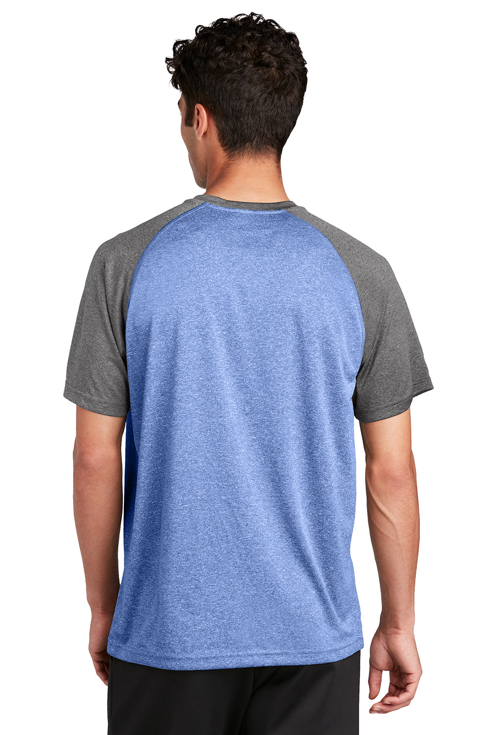 Sport-Tek ST362 Mens Contender Heather Moisture Wicking Short Sleeve Crewneck T-Shirt Heather True Royal Blue/Heather Graphite Grey Model Back