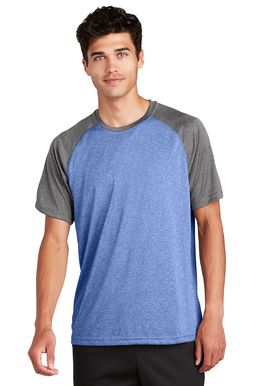 Sport-Tek ST362 Mens Contender Heather Moisture Wicking Short Sleeve Crewneck T-Shirt Heather True Royal Blue/Heather Graphite Grey Model Front