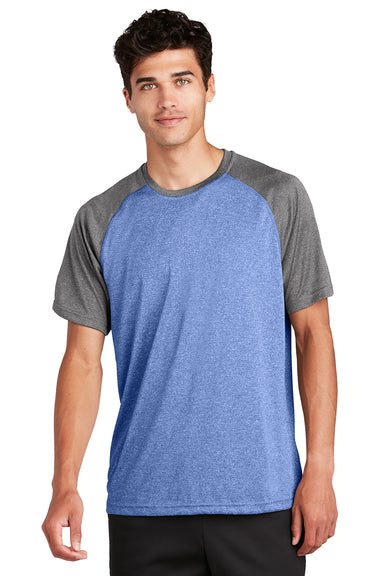 Sport-Tek ST362 Mens Contender Heather Moisture Wicking Short Sleeve Crewneck T-Shirt Heather True Royal Blue/Heather Graphite Grey Model Front