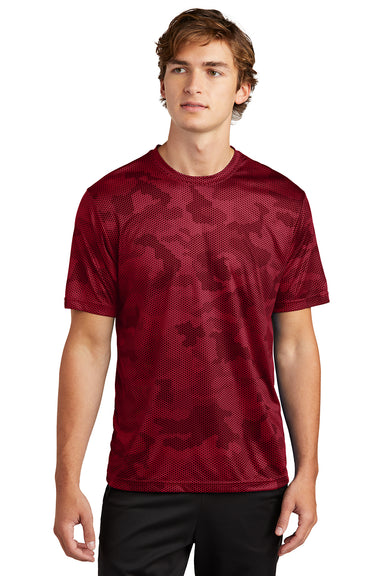 Sport-Tek ST370 Mens CamoHex Moisture Wicking Short Sleeve Crewneck T-Shirt Deep Red Model Front