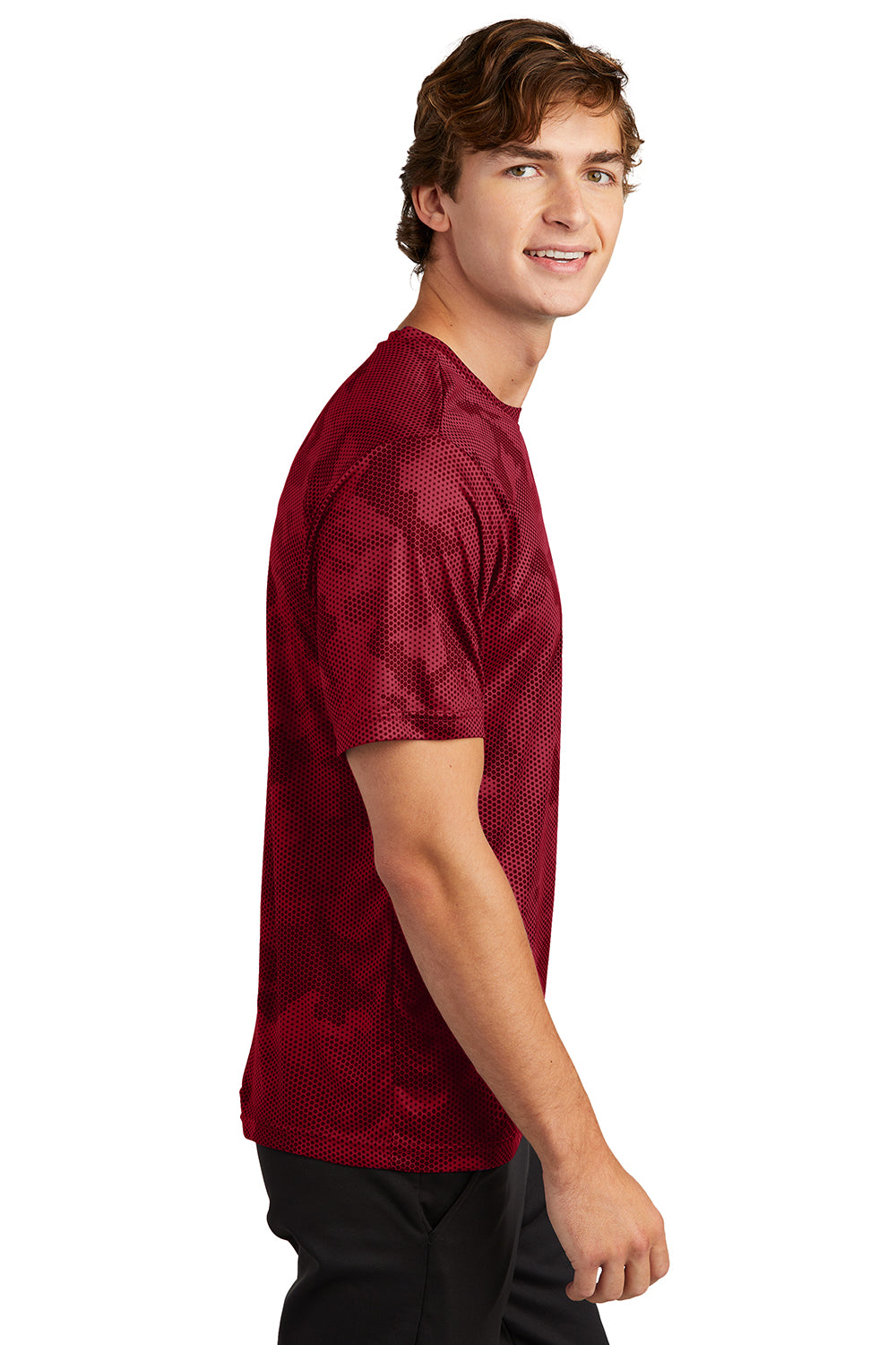 Sport-Tek ST370 Mens CamoHex Moisture Wicking Short Sleeve Crewneck T-Shirt Deep Red Model Side