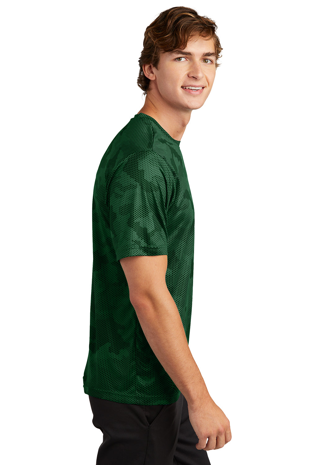 Sport-Tek ST370 Mens CamoHex Moisture Wicking Short Sleeve Crewneck T-Shirt Forest Green Model Side