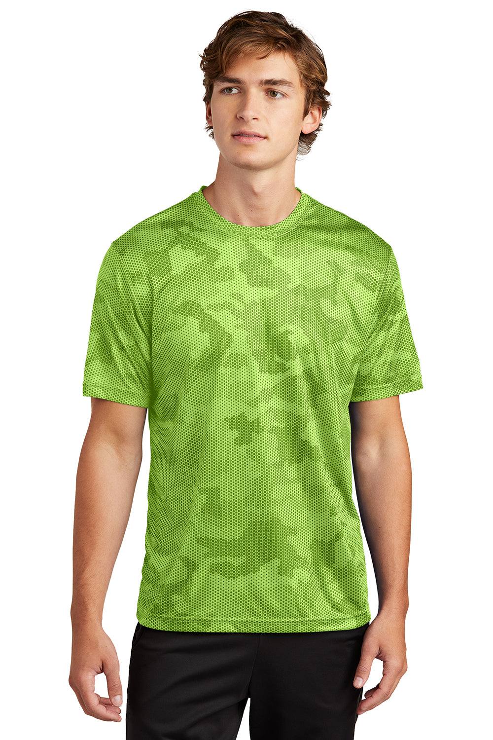 Sport-Tek ST370 Mens CamoHex Moisture Wicking Short Sleeve Crewneck T-Shirt Lime Shock Green Model Front