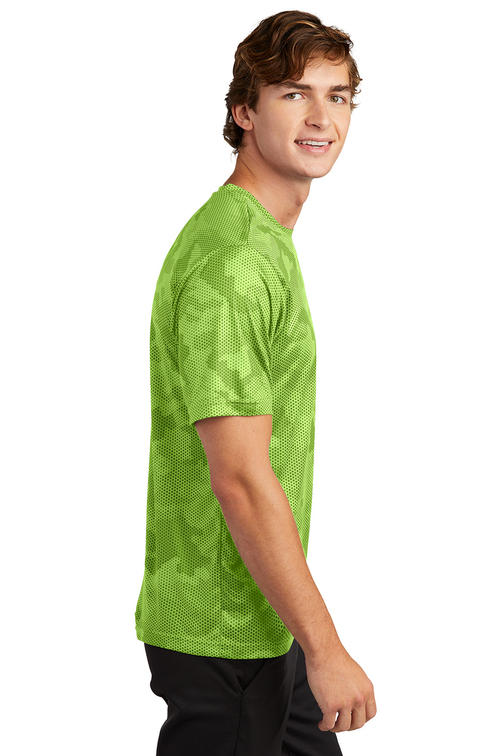 Sport-Tek ST370 Mens CamoHex Moisture Wicking Short Sleeve Crewneck T-Shirt Lime Shock Green Model Side