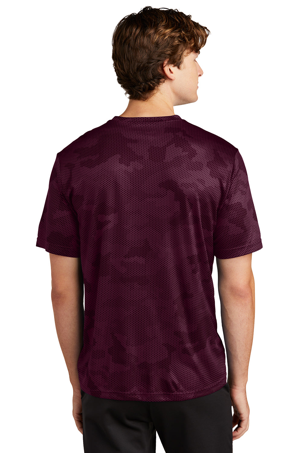 Sport-Tek ST370 Mens CamoHex Moisture Wicking Short Sleeve Crewneck T-Shirt Maroon Model Back