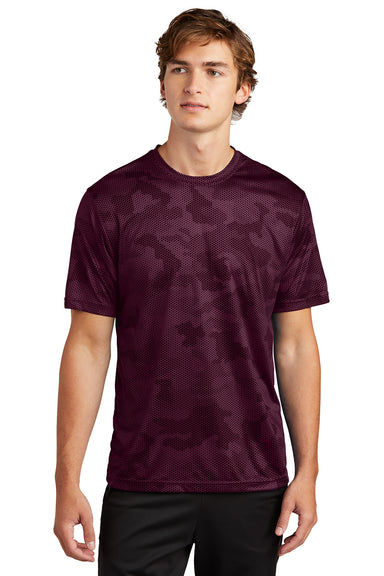 Sport-Tek ST370 Mens CamoHex Moisture Wicking Short Sleeve Crewneck T-Shirt Maroon Model Front