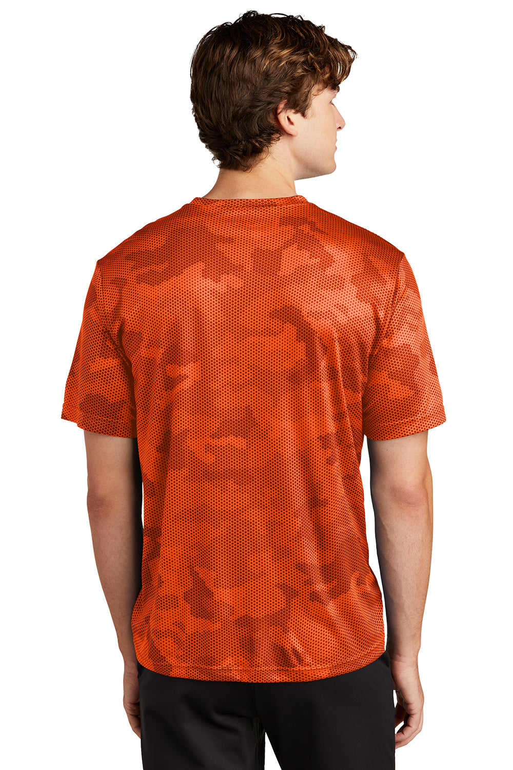 Sport-Tek ST370 Mens CamoHex Moisture Wicking Short Sleeve Crewneck T-Shirt Neon Orange Model Back