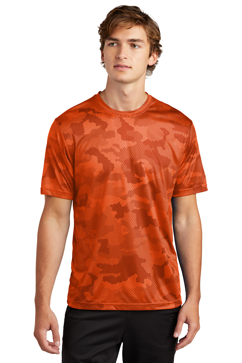 Sport-Tek ST370 Mens CamoHex Moisture Wicking Short Sleeve Crewneck T-Shirt Neon Orange Model Front