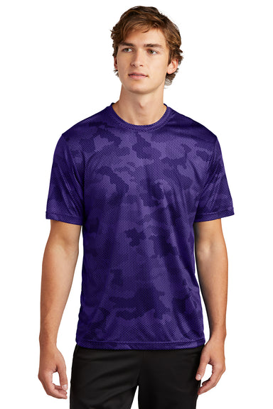 Sport-Tek ST370 Mens CamoHex Moisture Wicking Short Sleeve Crewneck T-Shirt Purple Model Front