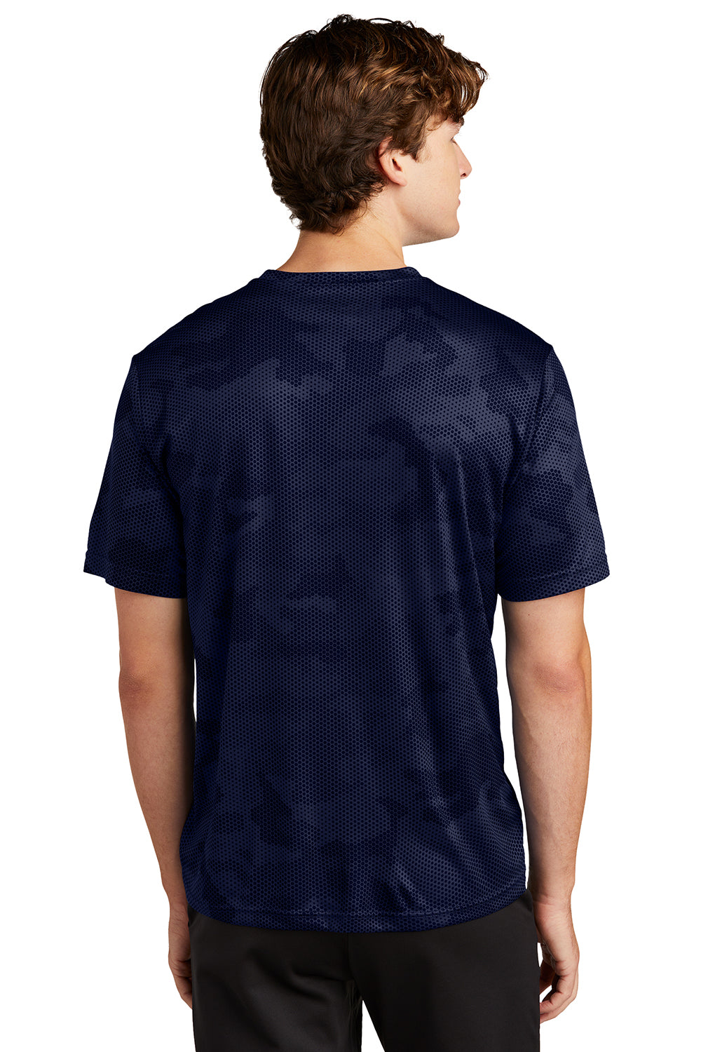 Sport-Tek ST370 Mens CamoHex Moisture Wicking Short Sleeve Crewneck T-Shirt True Navy Blue Model Back