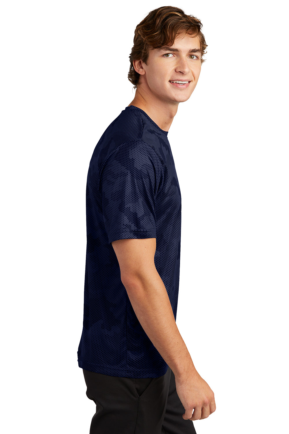 Sport-Tek ST370 Mens CamoHex Moisture Wicking Short Sleeve Crewneck T-Shirt True Navy Blue Model Side