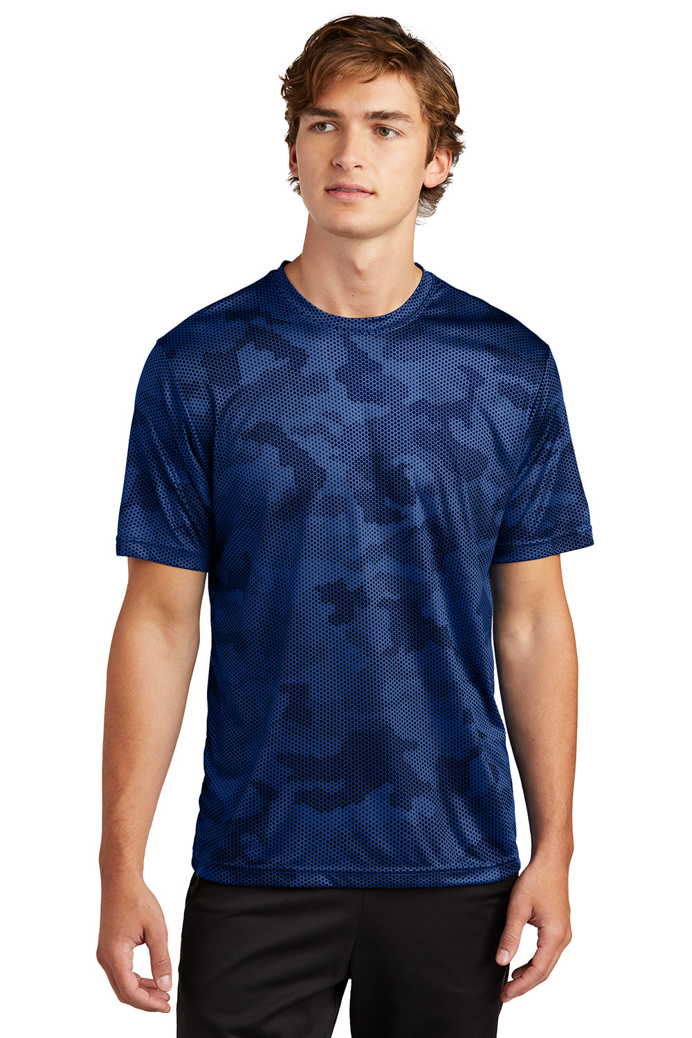 Sport-Tek ST370 Mens CamoHex Moisture Wicking Short Sleeve Crewneck T-Shirt True Royal Blue Model Front