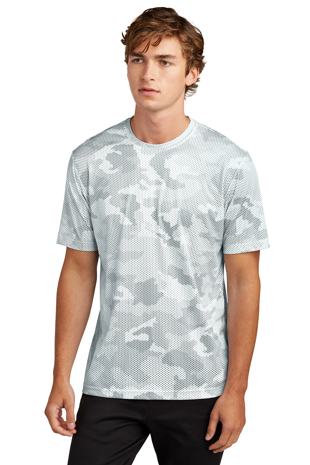 Sport-Tek ST370 Mens CamoHex Moisture Wicking Short Sleeve Crewneck T-Shirt White Model Front