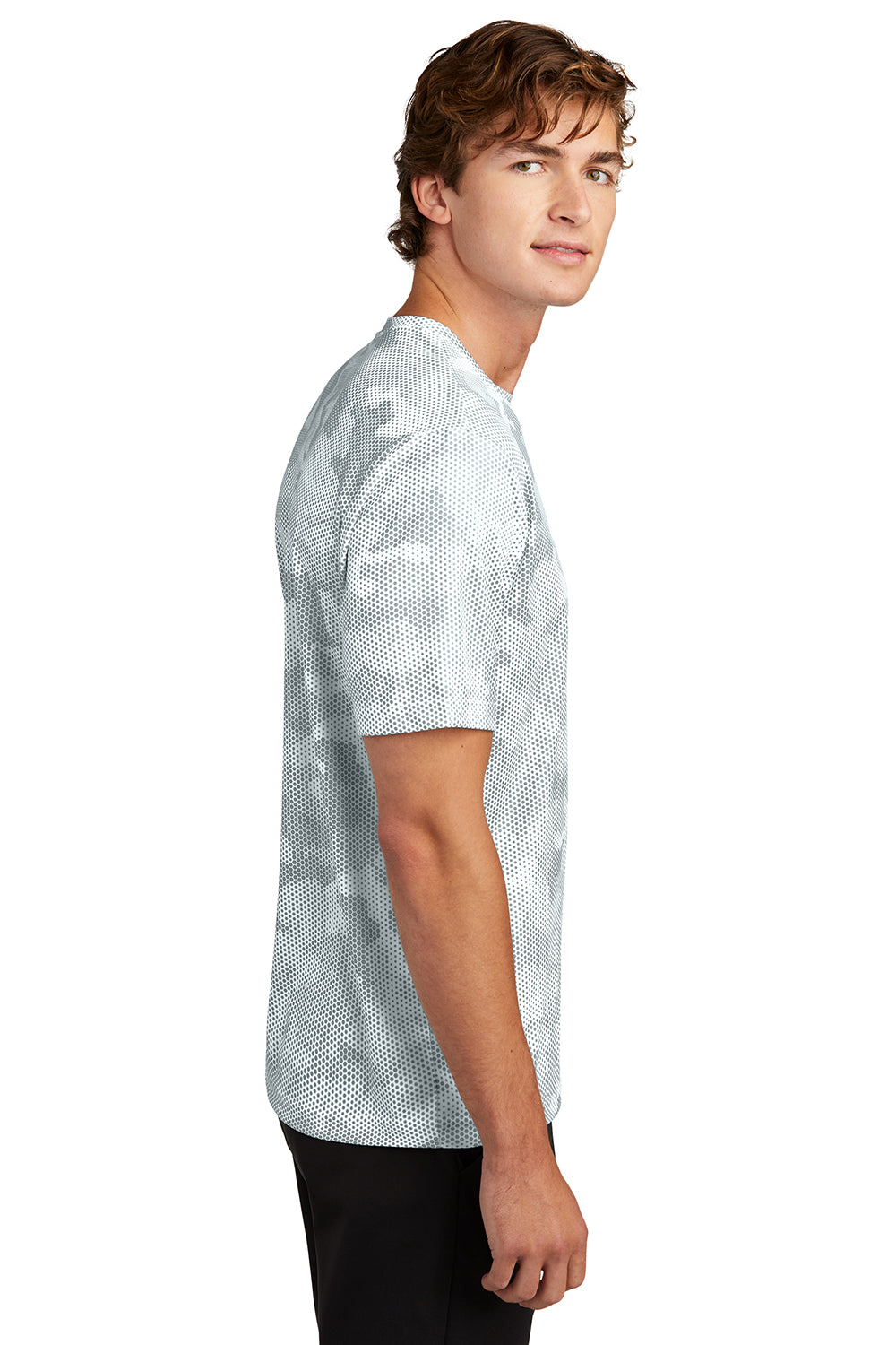 Sport-Tek ST370 Mens CamoHex Moisture Wicking Short Sleeve Crewneck T-Shirt White Model Side