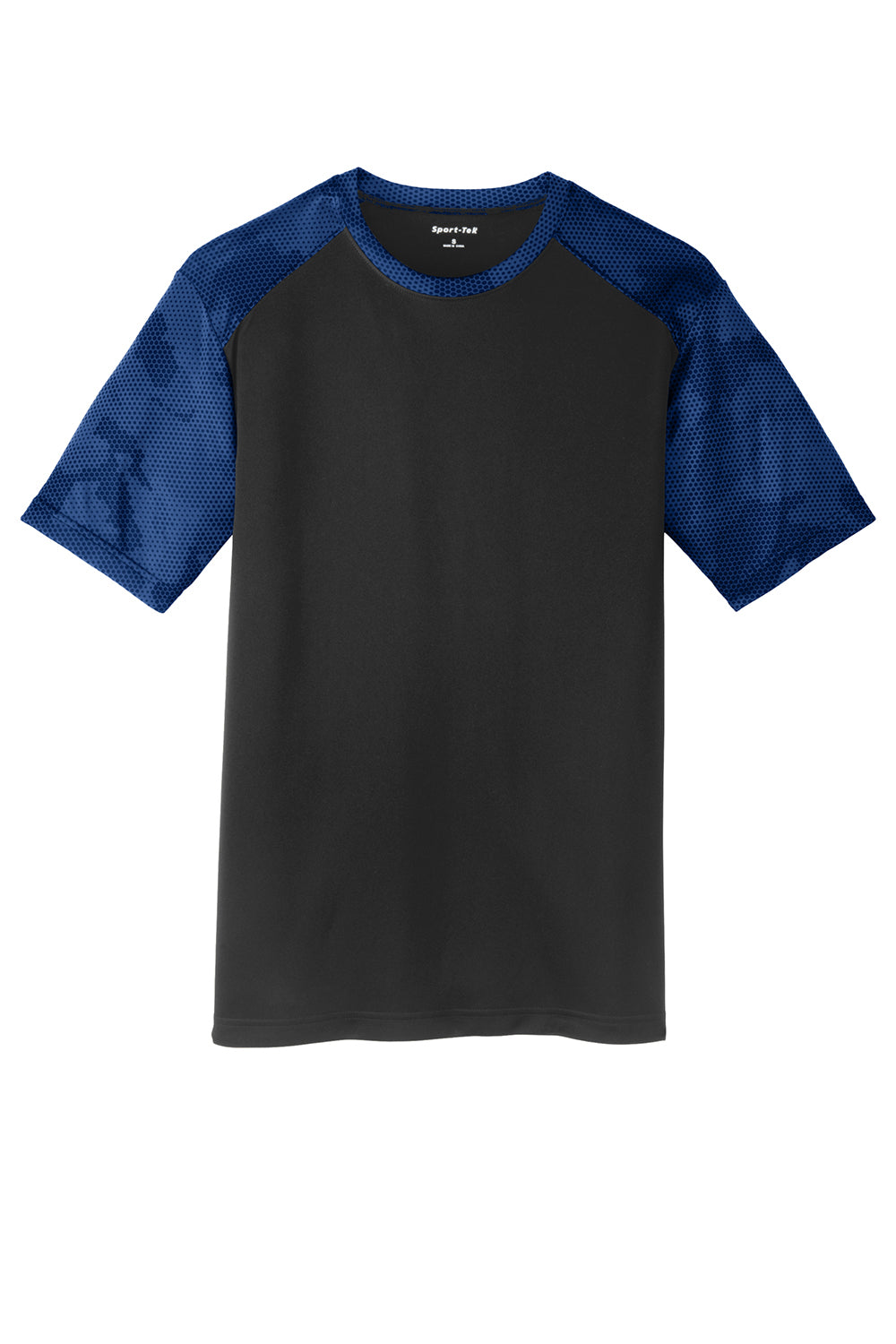 Sport-Tek ST371 Mens CamoHex Moisture Wicking Short Sleeve Crewneck T-Shirt Black/True Royal Blue Flat Front