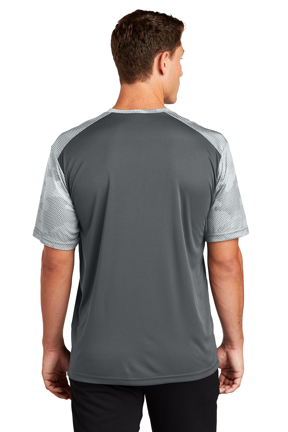 Sport-Tek ST371 Mens CamoHex Moisture Wicking Short Sleeve Crewneck T-Shirt Iron Grey/White Model Back