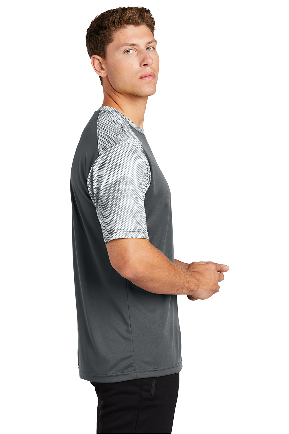 Sport-Tek ST371 Mens CamoHex Moisture Wicking Short Sleeve Crewneck T-Shirt Iron Grey/White Model Side