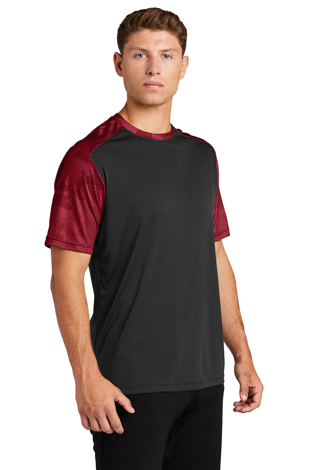 Sport-Tek ST371 Mens CamoHex Moisture Wicking Short Sleeve Crewneck T-Shirt Black/Deep Red Model 3q