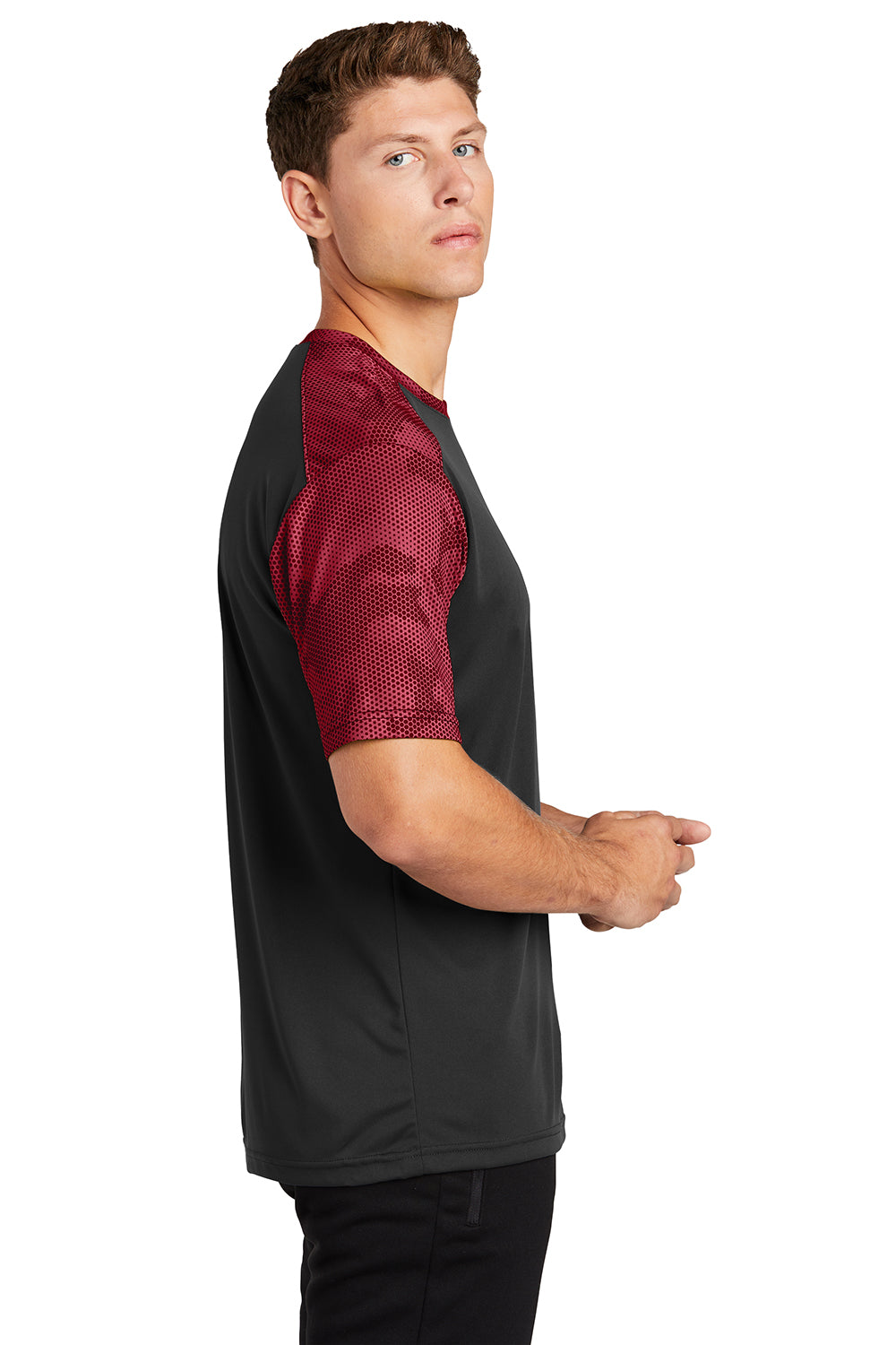 Sport-Tek ST371 Mens CamoHex Moisture Wicking Short Sleeve Crewneck T-Shirt Black/Deep Red Model Side