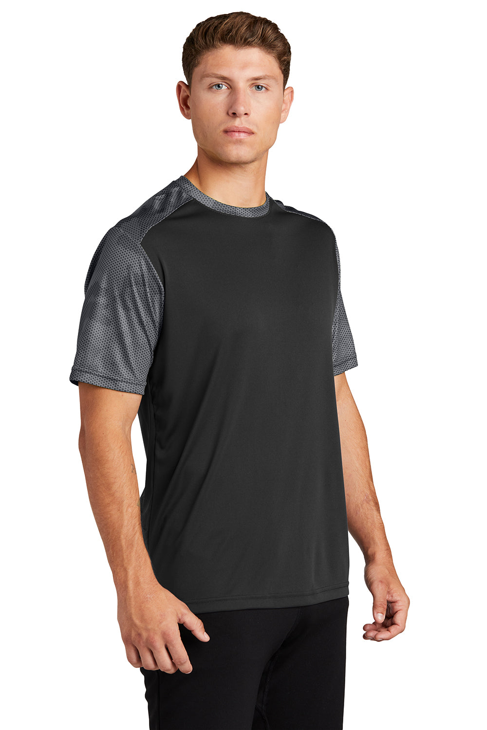 Sport-Tek ST371 Mens CamoHex Moisture Wicking Short Sleeve Crewneck T-Shirt Black/Iron Grey Model 3q