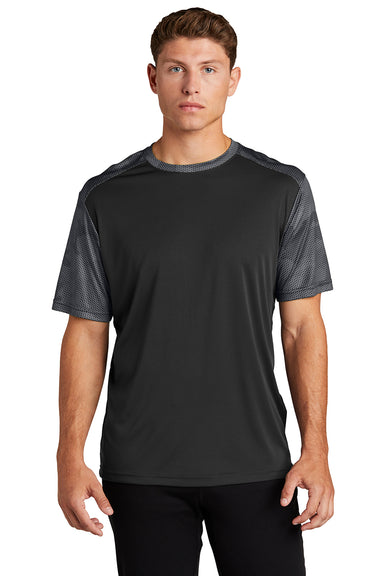 Sport-Tek ST371 Mens CamoHex Moisture Wicking Short Sleeve Crewneck T-Shirt Black/Iron Grey Model Front