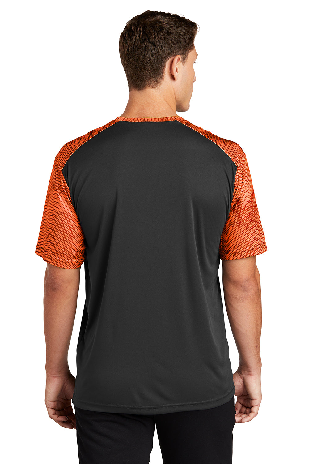 Sport-Tek ST371 Mens CamoHex Moisture Wicking Short Sleeve Crewneck T-Shirt Black/Neon Orange Model Back