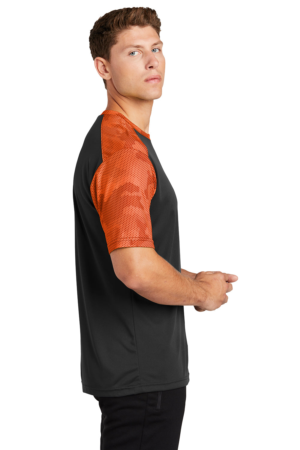 Sport-Tek ST371 Mens CamoHex Moisture Wicking Short Sleeve Crewneck T-Shirt Black/Neon Orange Model Side