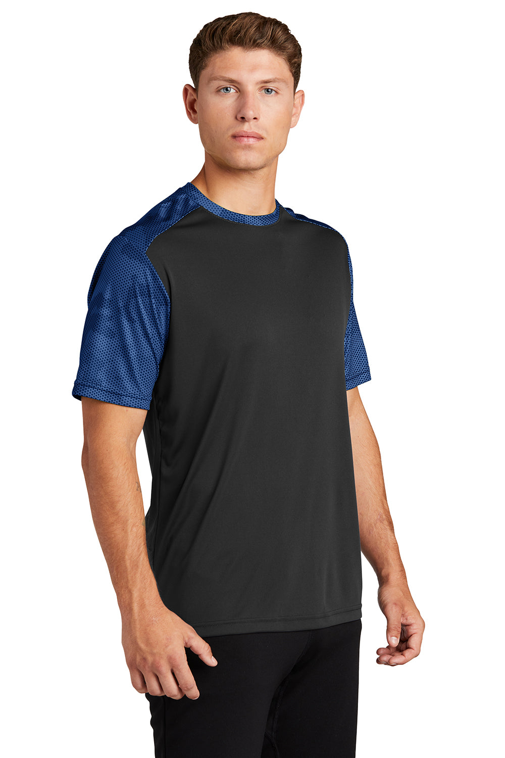 Sport-Tek ST371 Mens CamoHex Moisture Wicking Short Sleeve Crewneck T-Shirt Black/True Royal Blue Model 3q