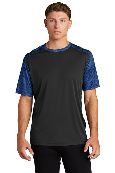 Sport-Tek ST371 Mens CamoHex Moisture Wicking Short Sleeve Crewneck T-Shirt Black/True Royal Blue Model Front